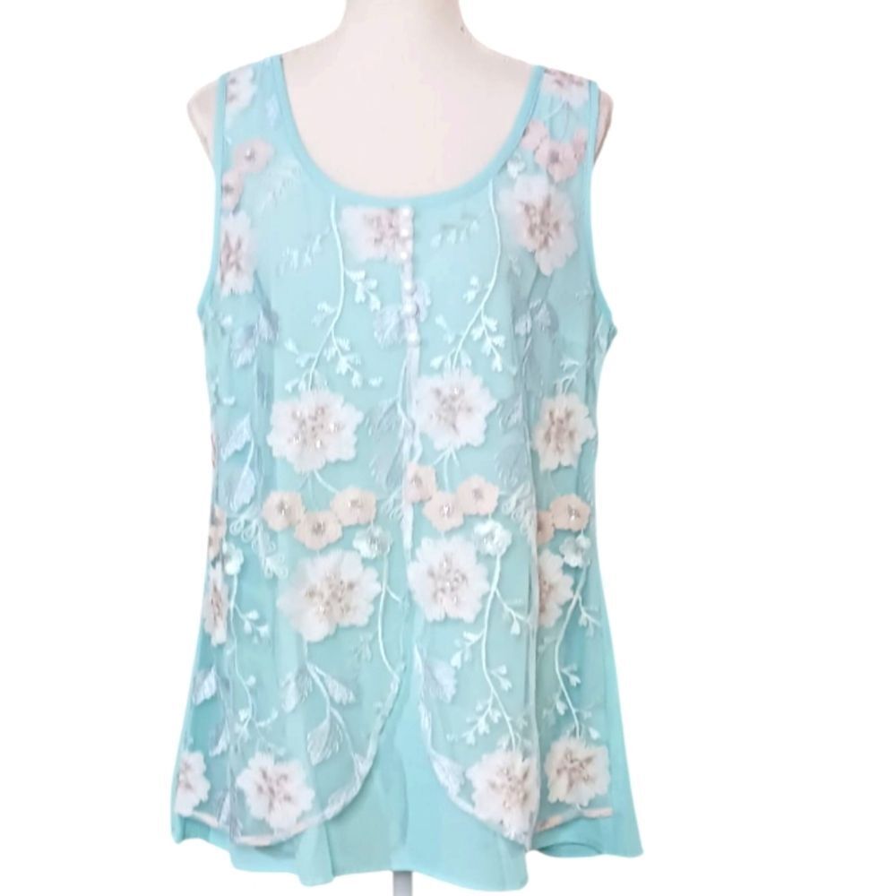 Embroidered Floral Tunic Top Cottagecore Sleeveless Mint Green Size; Large